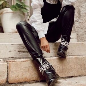 ZARA Pearl Embellished Chains Flat Ankle Booties